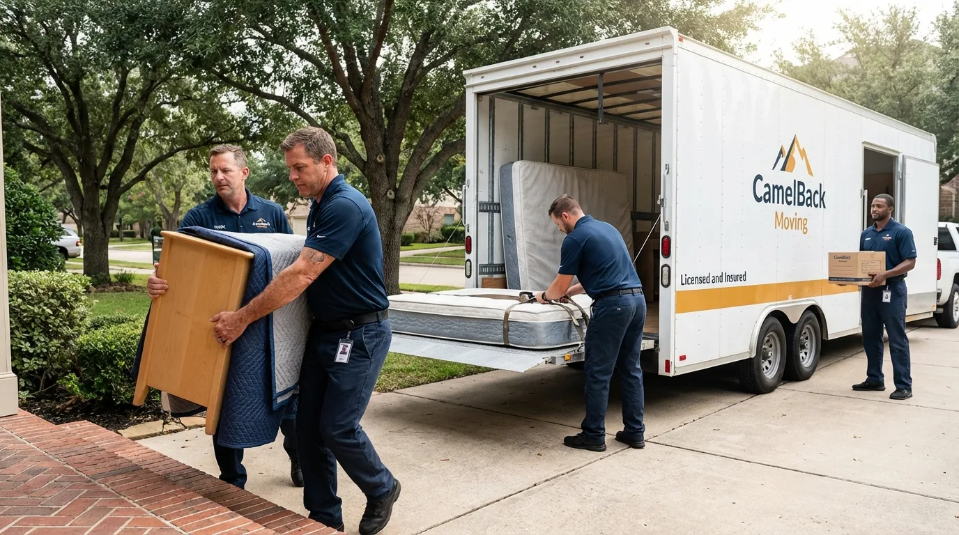 Crew loading residential truck for cross-state move from Lindsay, OK
