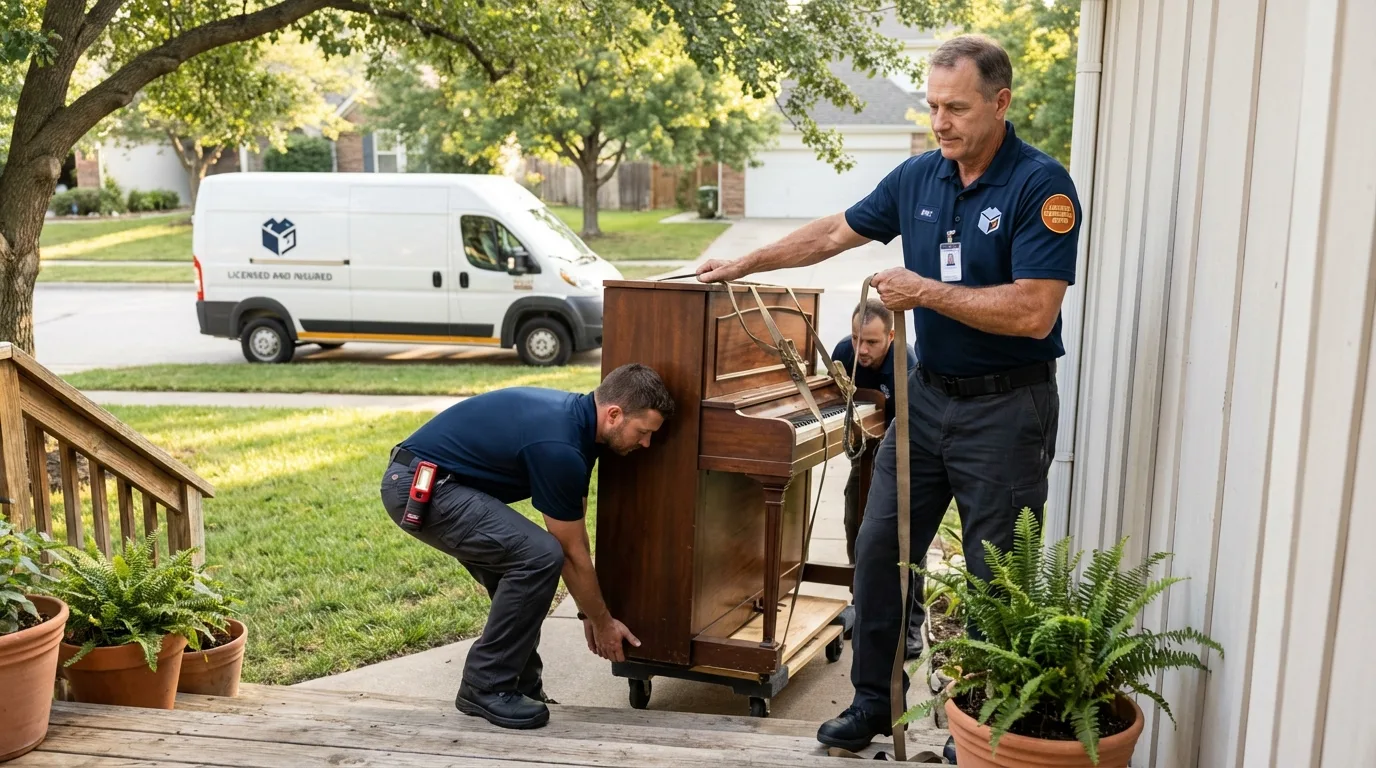 Licensed piano movers securing grand piano in Lindsay, OK