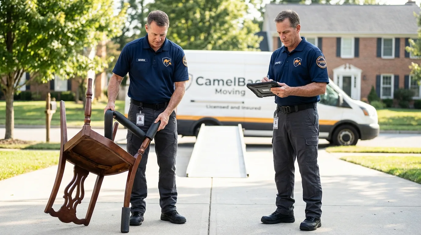 Movers inspecting furniture for damage prevention before loading in Lindsay, OK