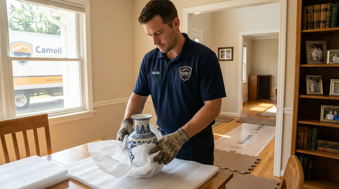 Professional crew carefully wrapping antique vase for senior downsizing move in Lindsay, OK